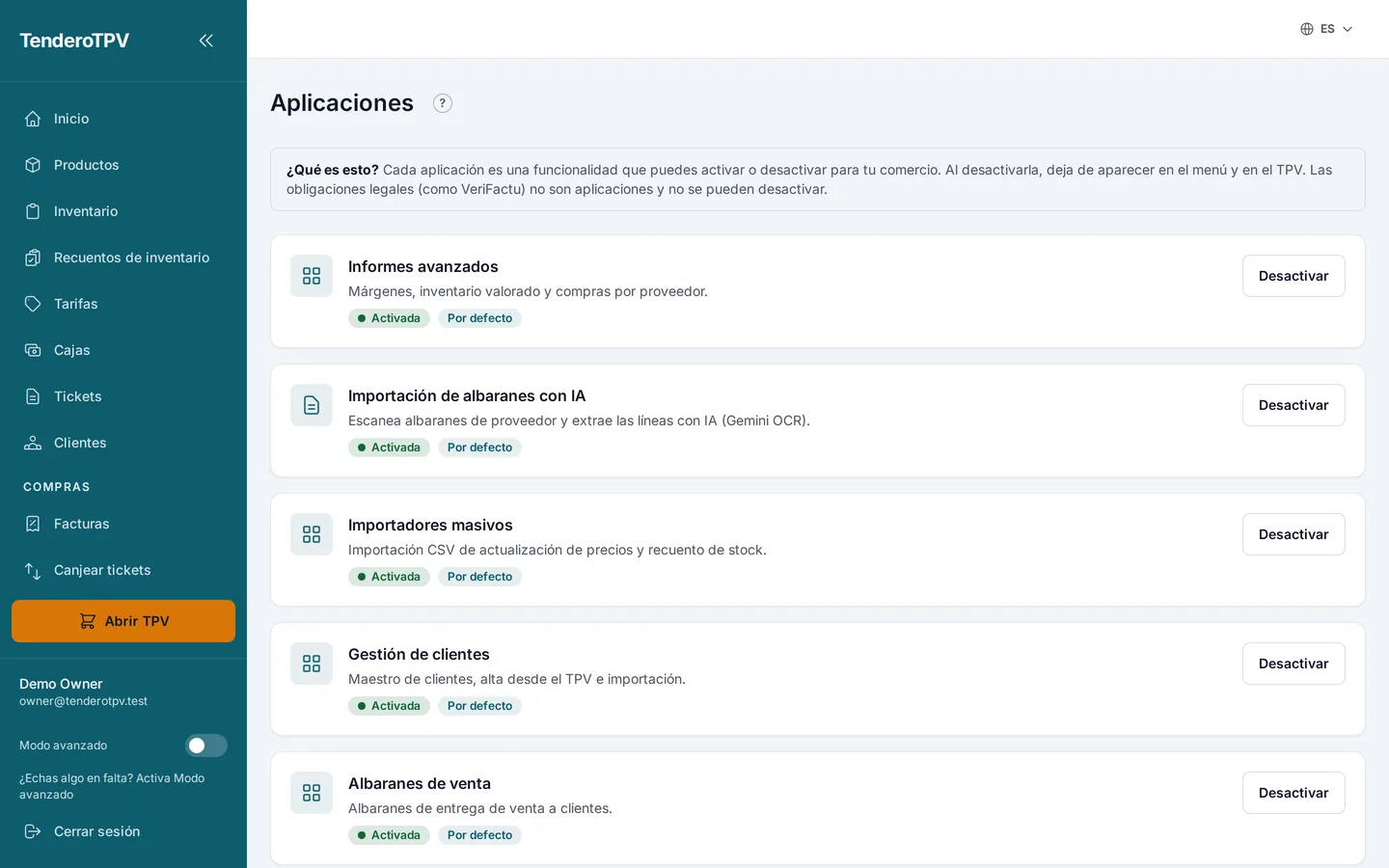 Pantalla de aplicaciones del panel: módulos que se activan y desactivan