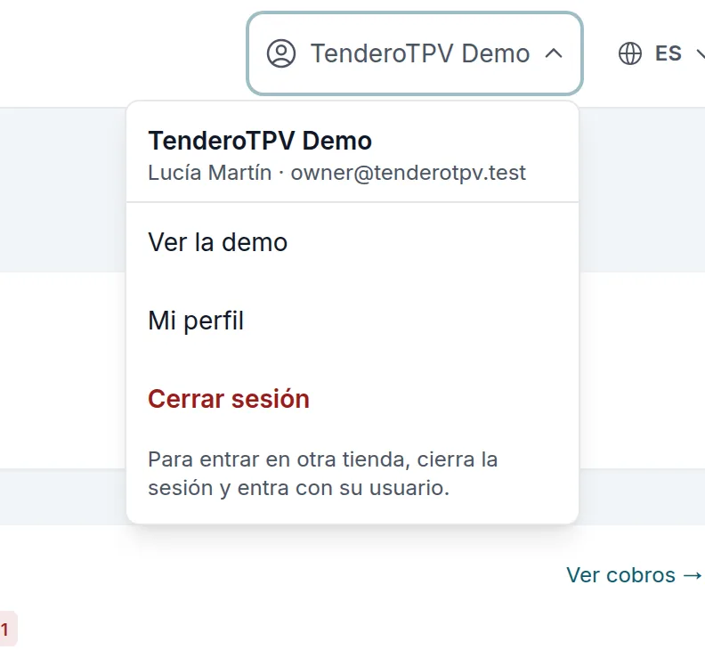 El menú de tu cuenta: la tienda y tu usuario, «Ver la demo», «Mi perfil» y «Cerrar sesión»