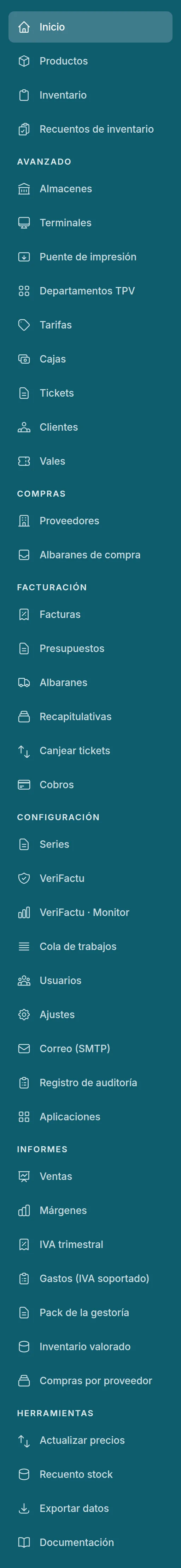 El menú en modo avanzado, entero: los bloques Avanzado, Compras, Facturación, Configuración, Informes y Herramientas