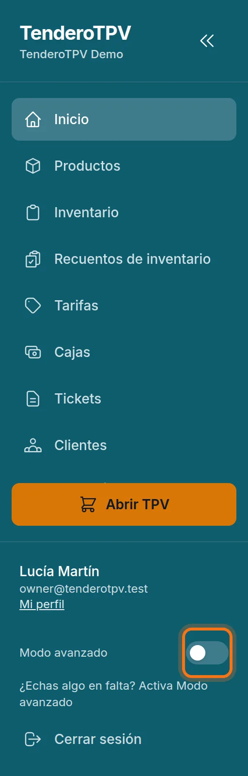 El menú en modo normal, con el interruptor «Modo avanzado» marcado al pie