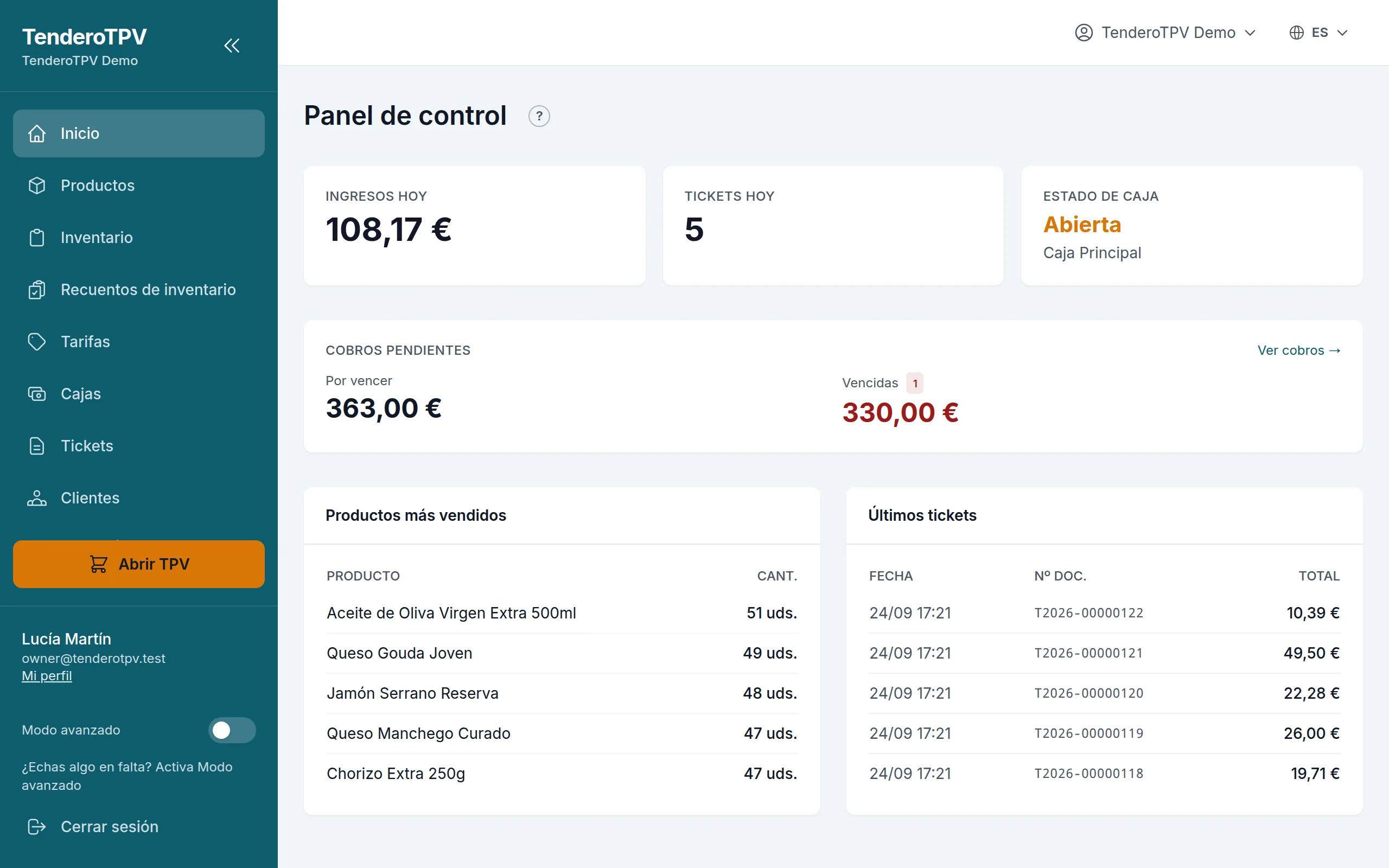 El panel de control: ingresos y tickets de hoy, estado de la caja, cobros pendientes, lo más vendido y los últimos tickets