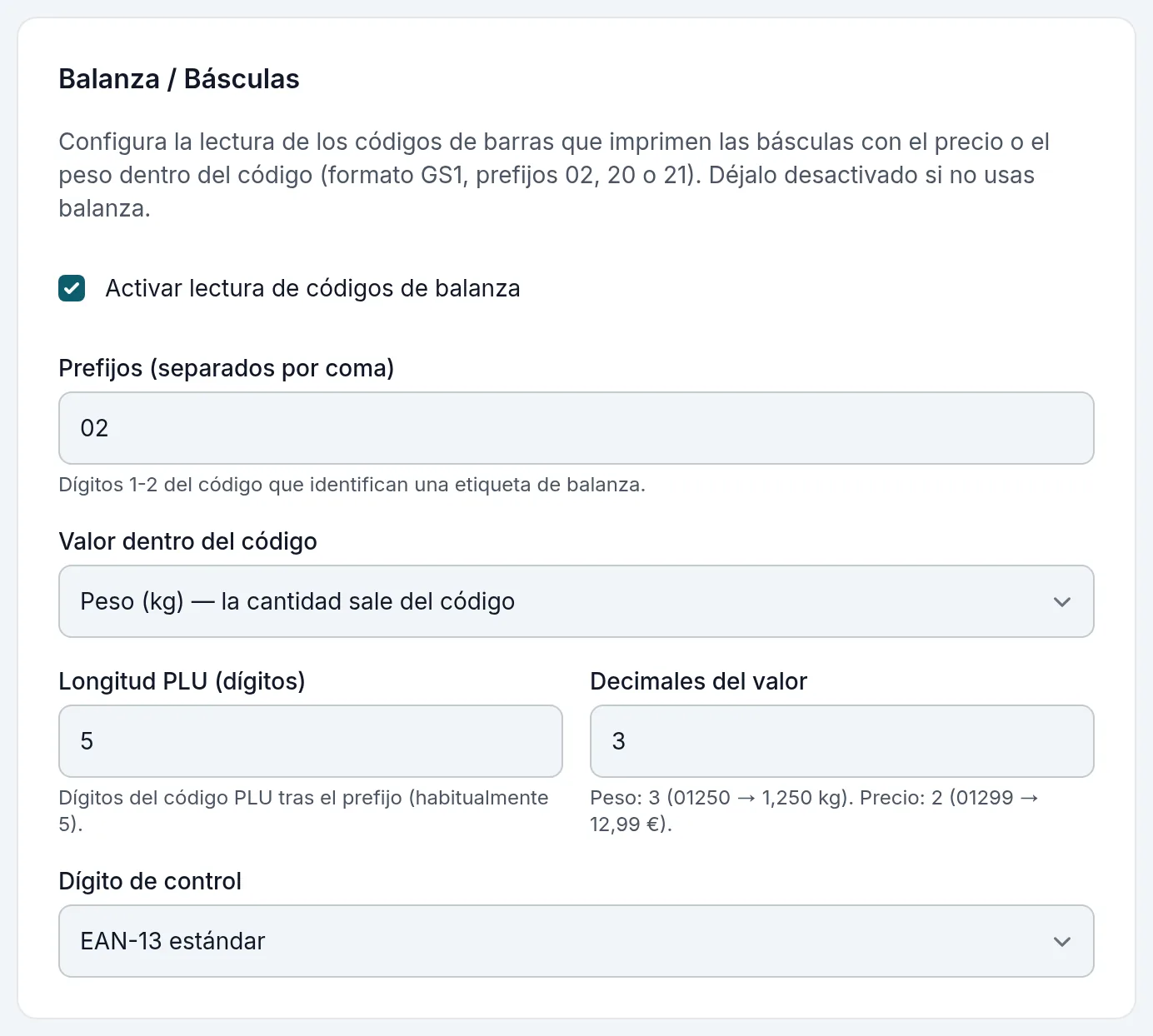 La balanza en Ajustes: prefijos, el valor dentro del código, el PLU y los decimales