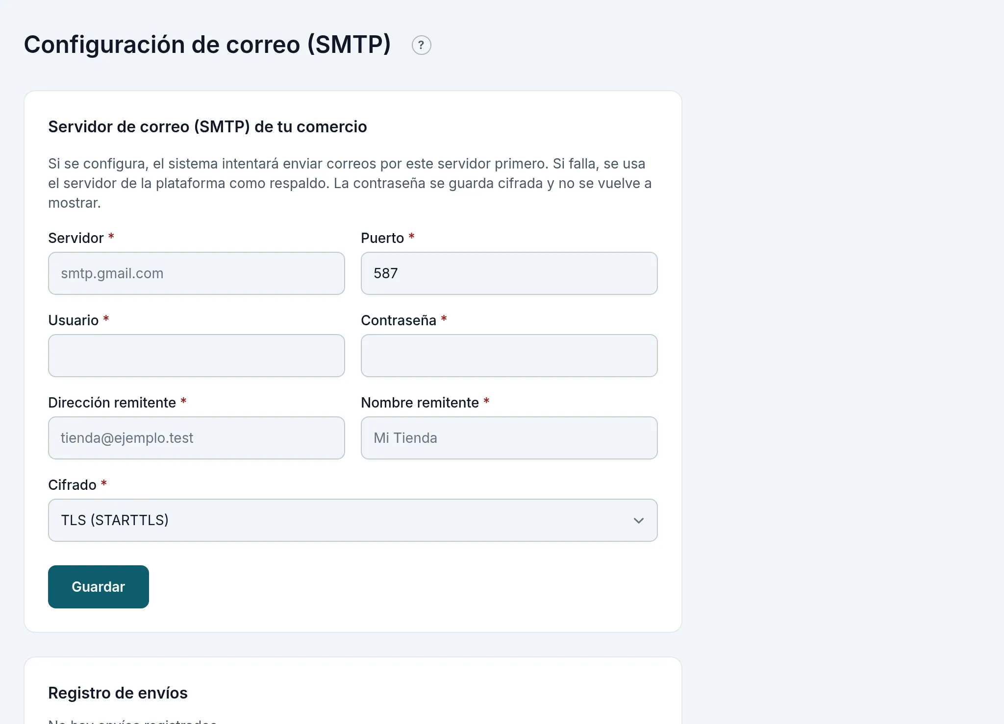 La configuración de correo: servidor, puerto, usuario, remitente y cifrado