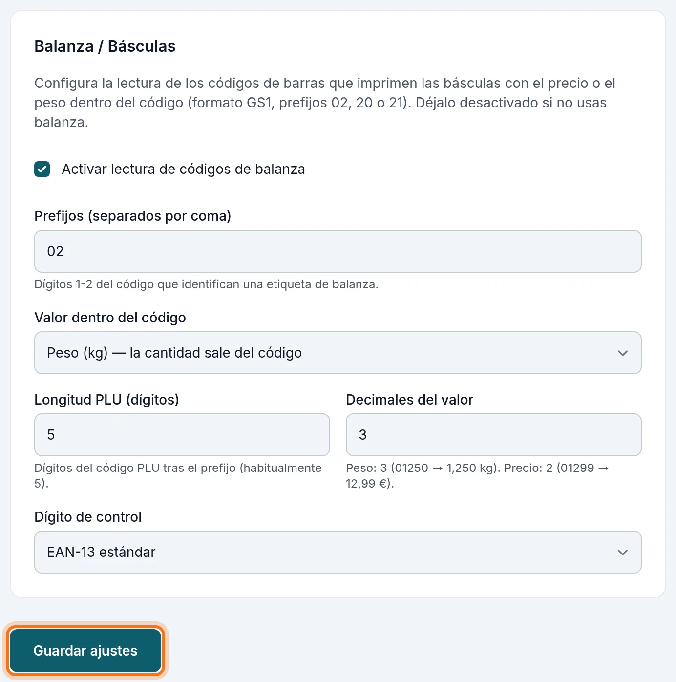 El final de Ajustes: la balanza y el botón Guardar ajustes