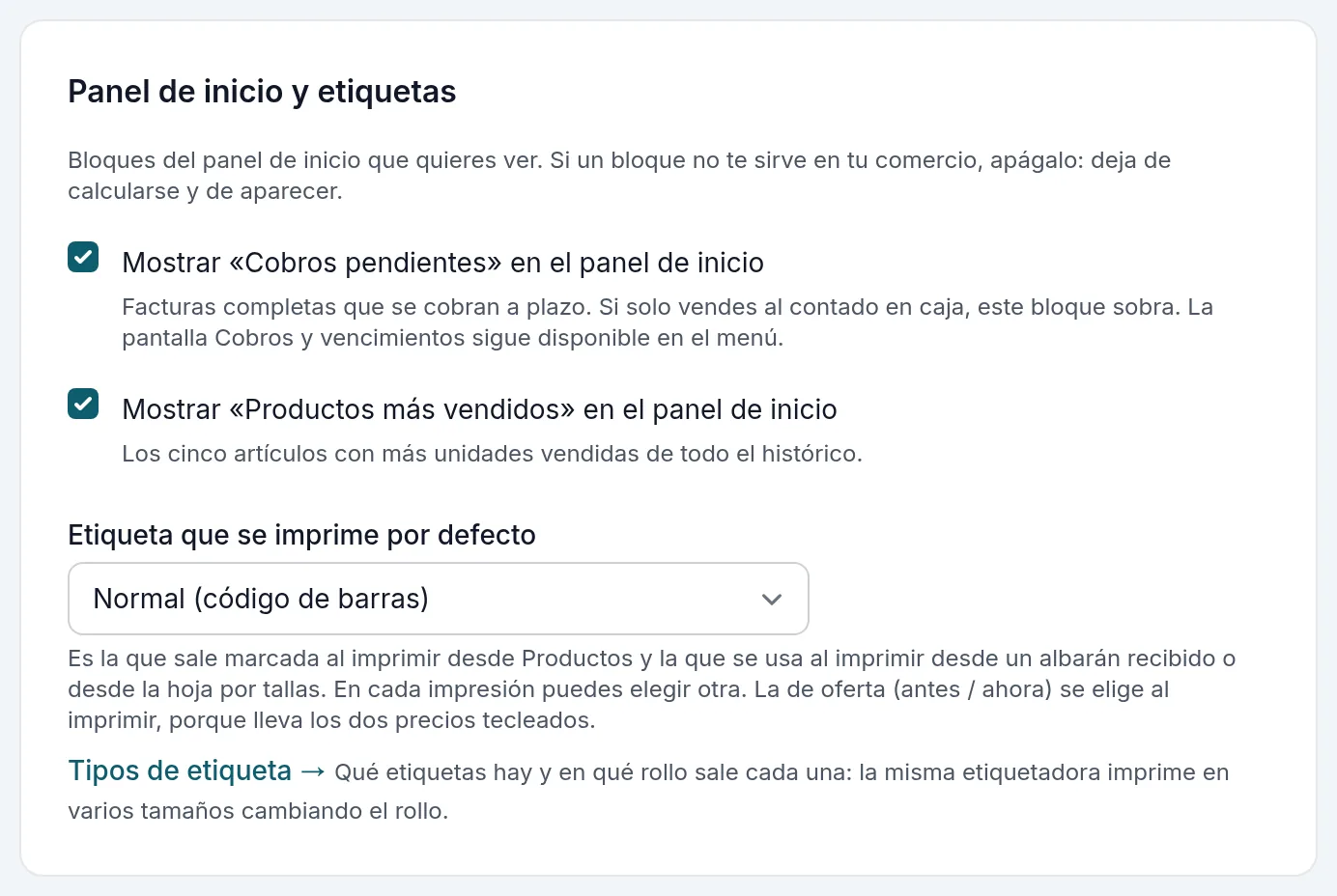 Qué se ve en el panel de inicio y la etiqueta que se imprime por defecto