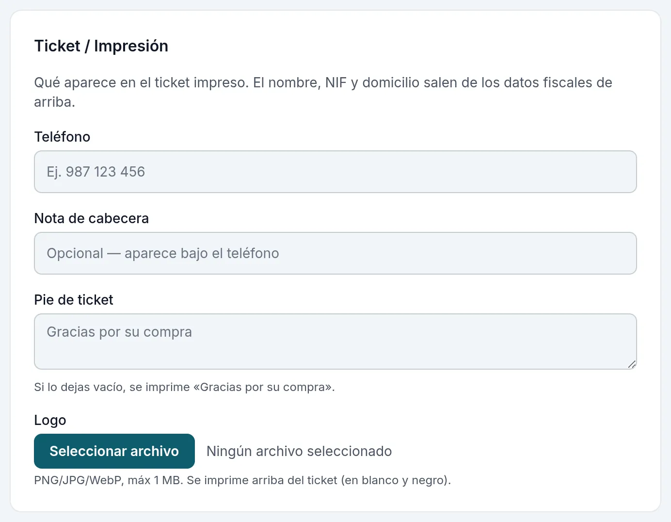 El bloque del ticket: teléfono, nota de cabecera, pie y logo