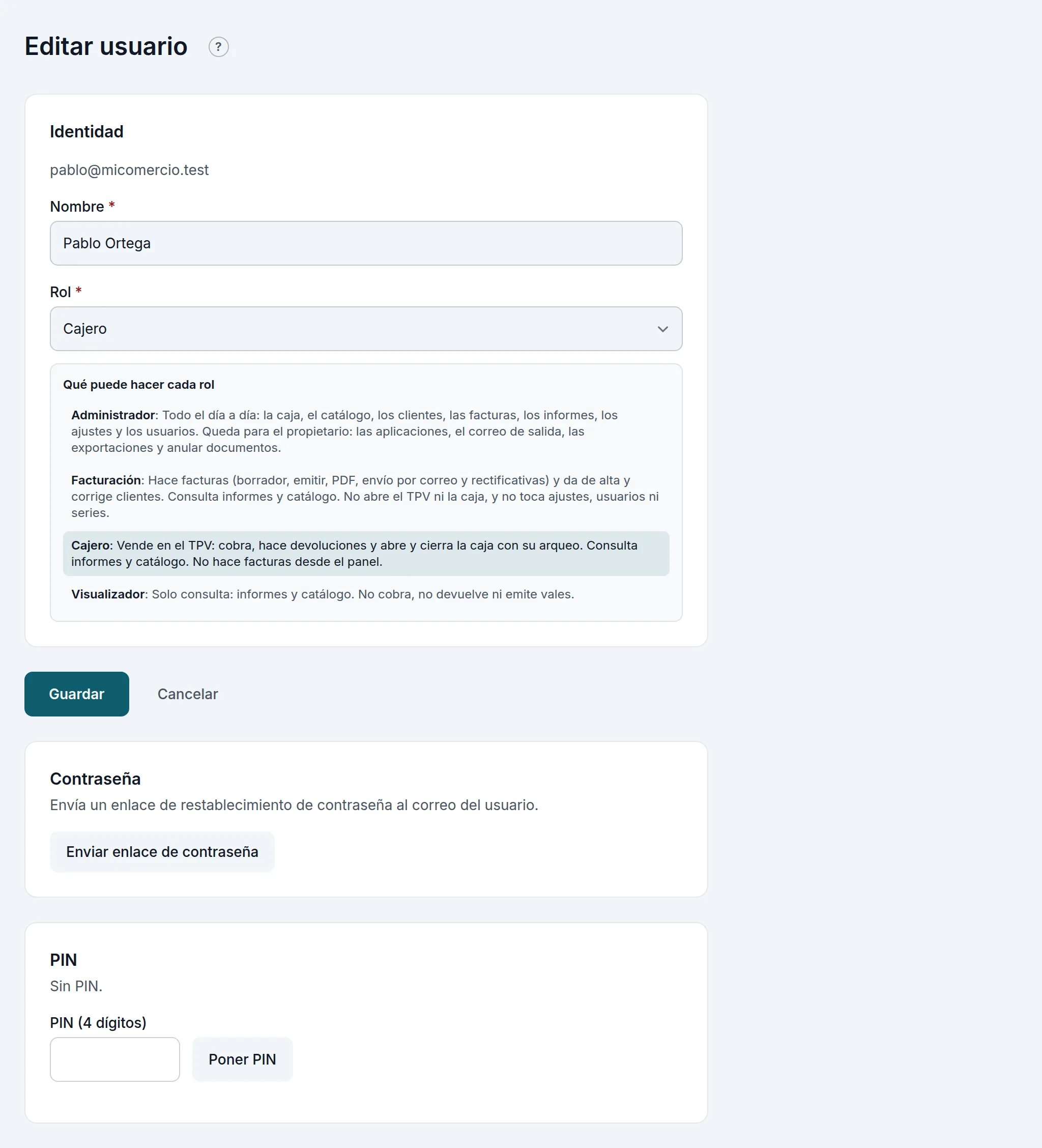La ficha de un usuario: nombre y rol, el enlace de contraseña y el PIN