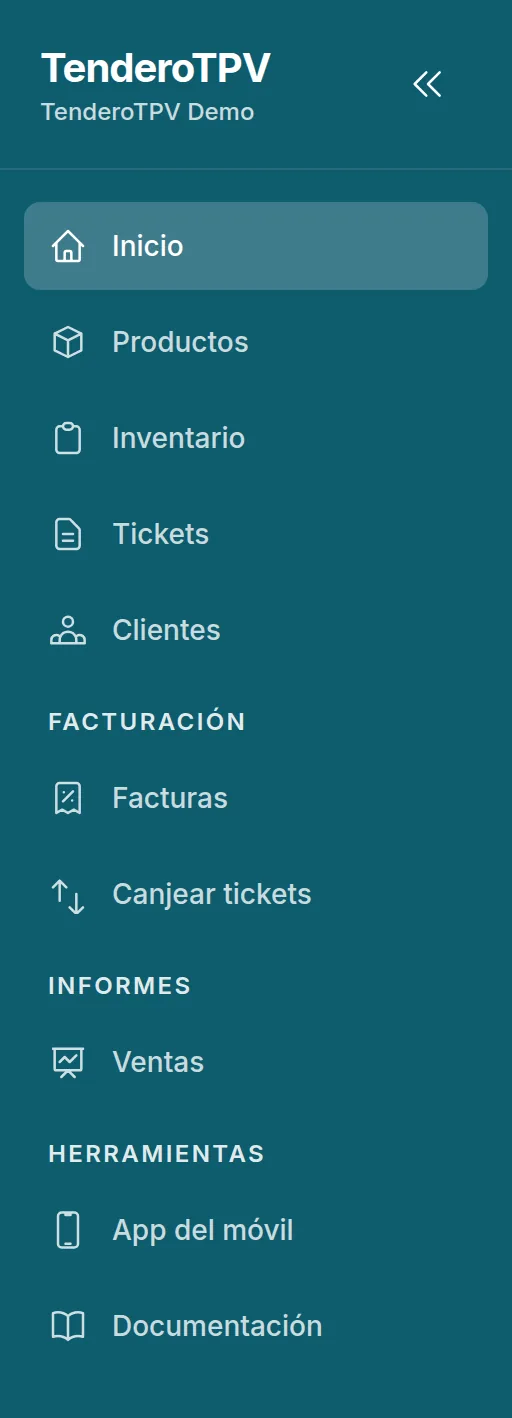 El menú de una persona con el perfil Facturación: clientes, facturas, canjear tickets, las ventas y la consulta del catálogo