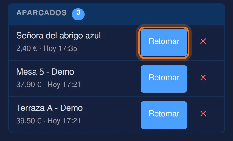 Los tickets aparcados, cada uno con su botón Retomar