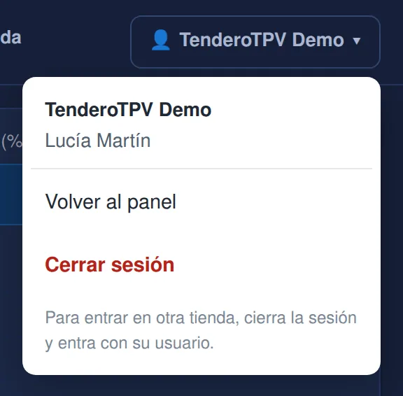 El menú de tu cuenta en el TPV: «Volver al panel» y «Cerrar sesión»