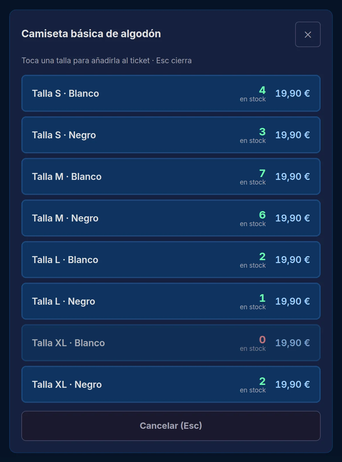 Al tocar el modelo se elige la talla y el color, con lo que queda de cada uno