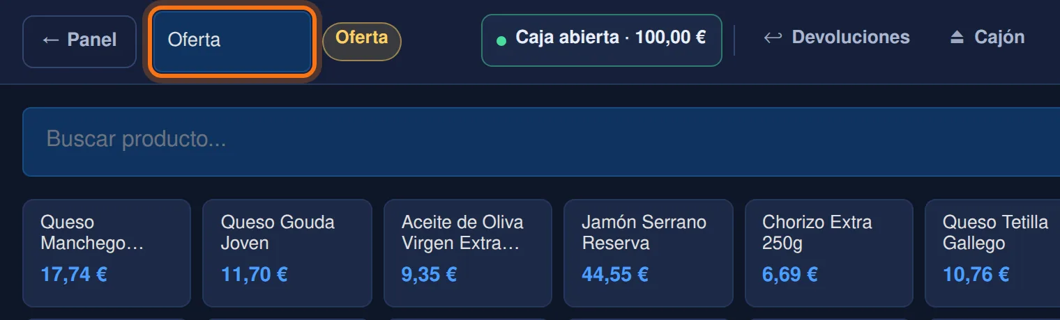 El selector de tarifa, a la izquierda de la barra del TPV