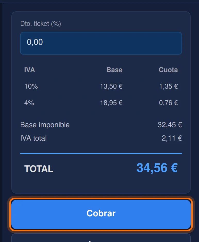 El botón Cobrar, debajo de los totales