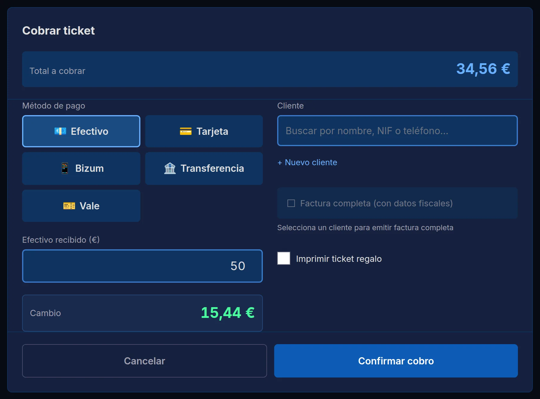 Cobro en efectivo: entregan 50 € y el cambio son 14,30 €