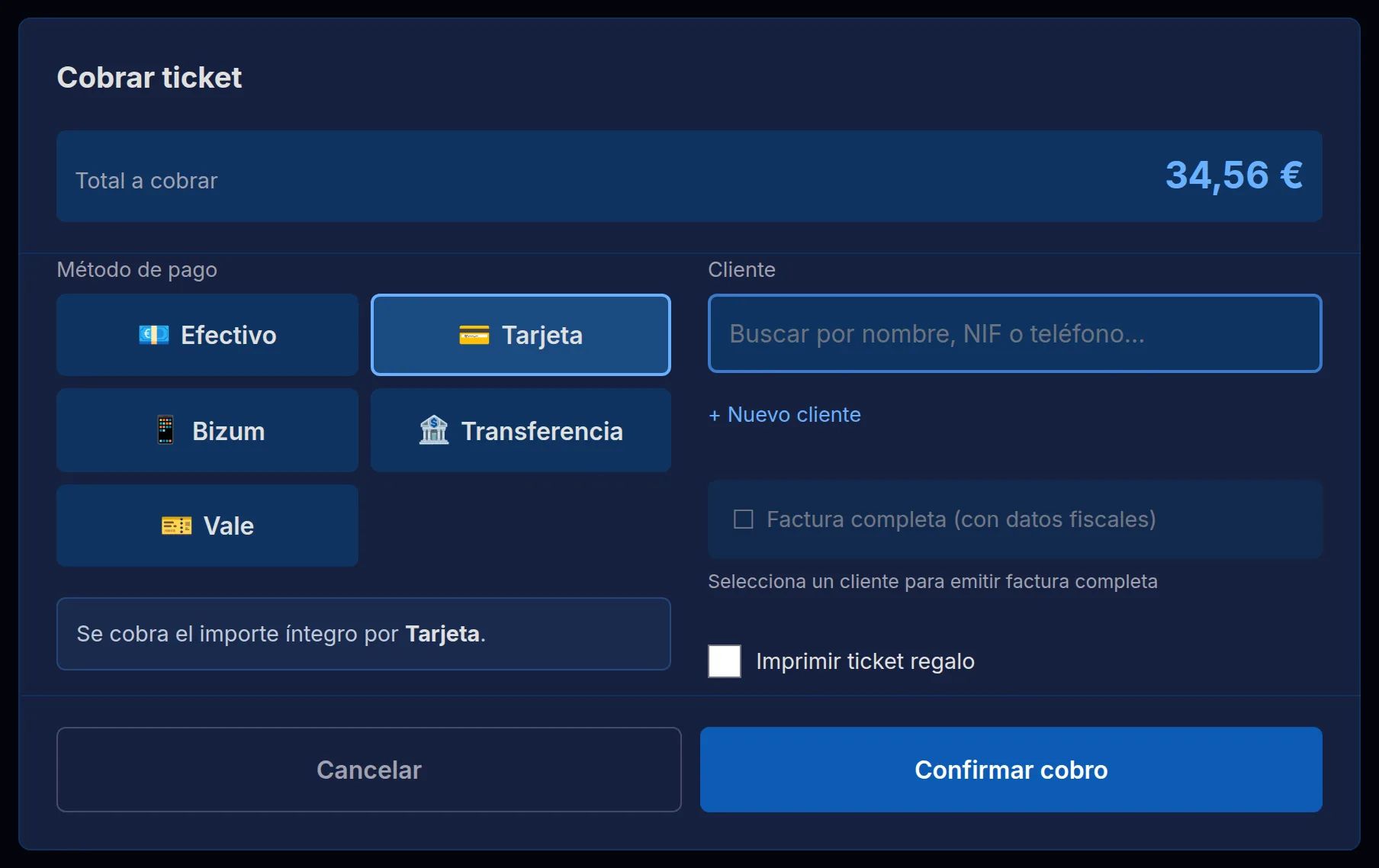 Cobro con tarjeta: se registra el importe íntegro