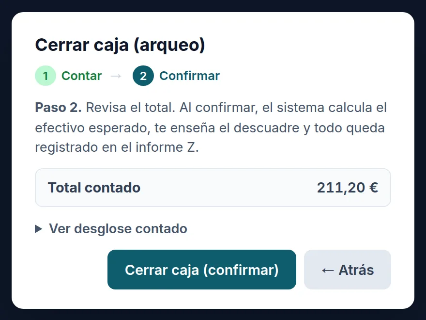 Confirmar el cierre con el total contado