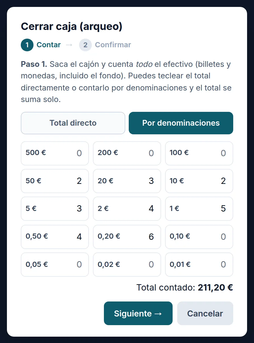Contar el cajón por denominaciones: el total se suma solo