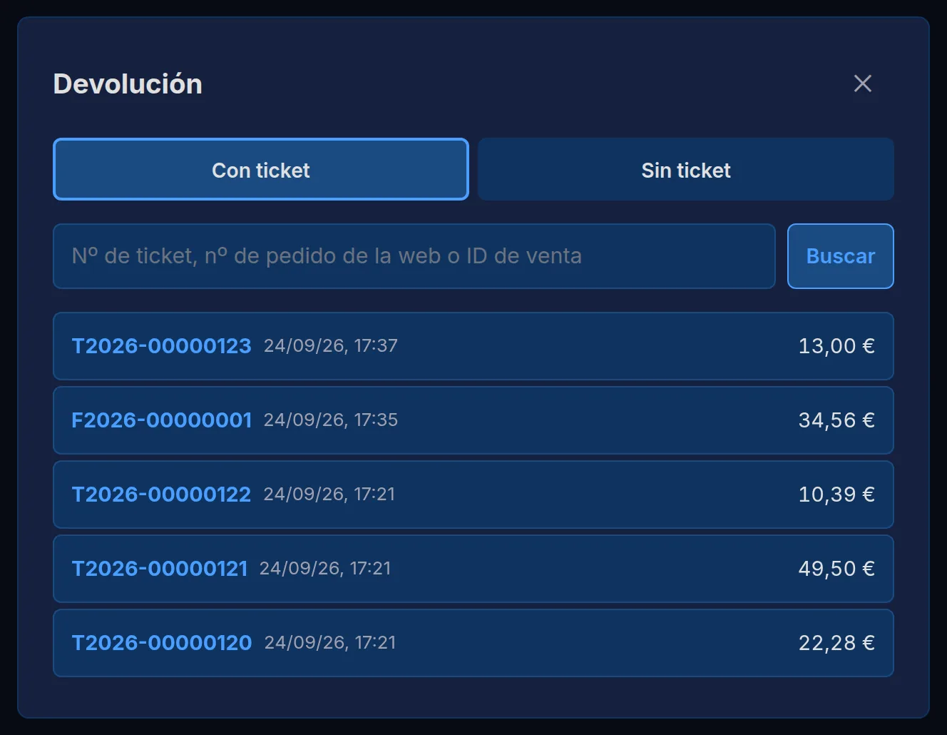 Devoluciones con ticket: las últimas ventas y el buscador