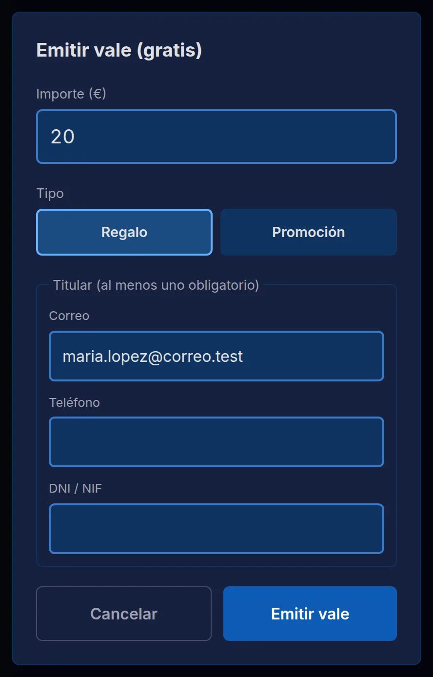 Emitir un vale de 20 € para una clienta, identificada por su correo