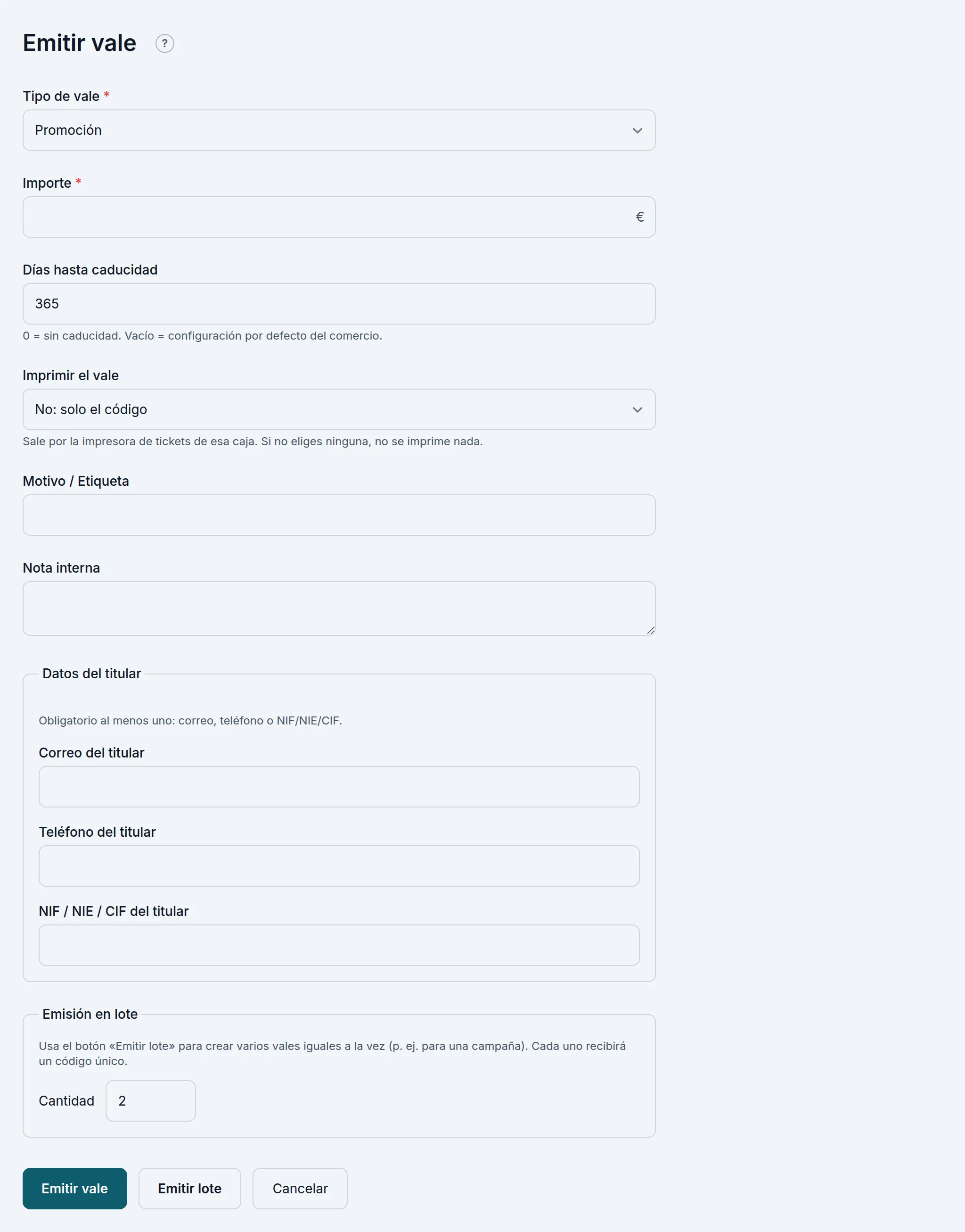 Emitir un vale desde el panel: tipo, importe, caducidad y titular