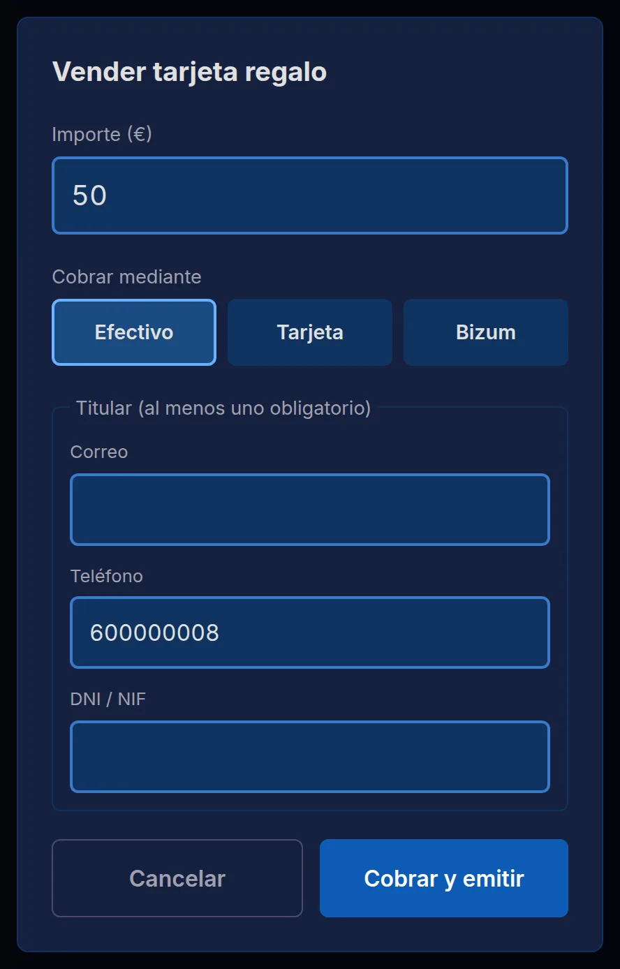 Vender una tarjeta regalo de 50 € en efectivo