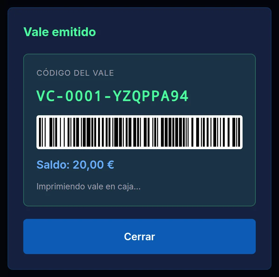 El vale emitido, con su código y su saldo
