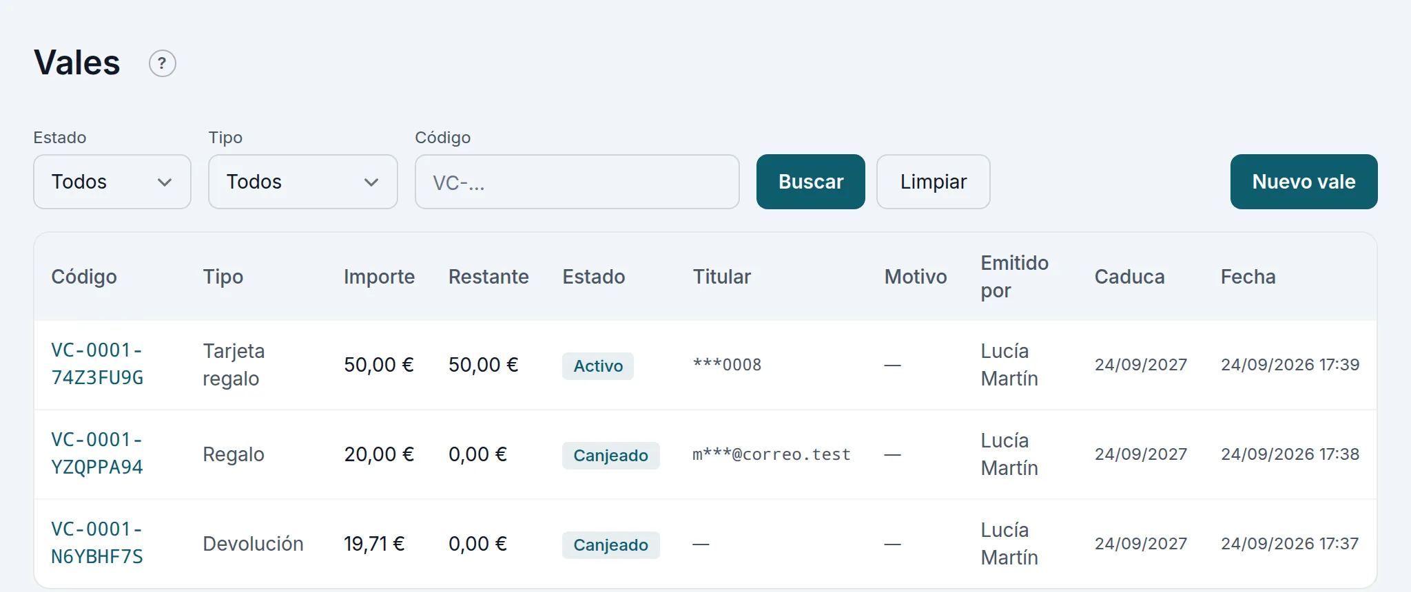 La lista de vales del panel