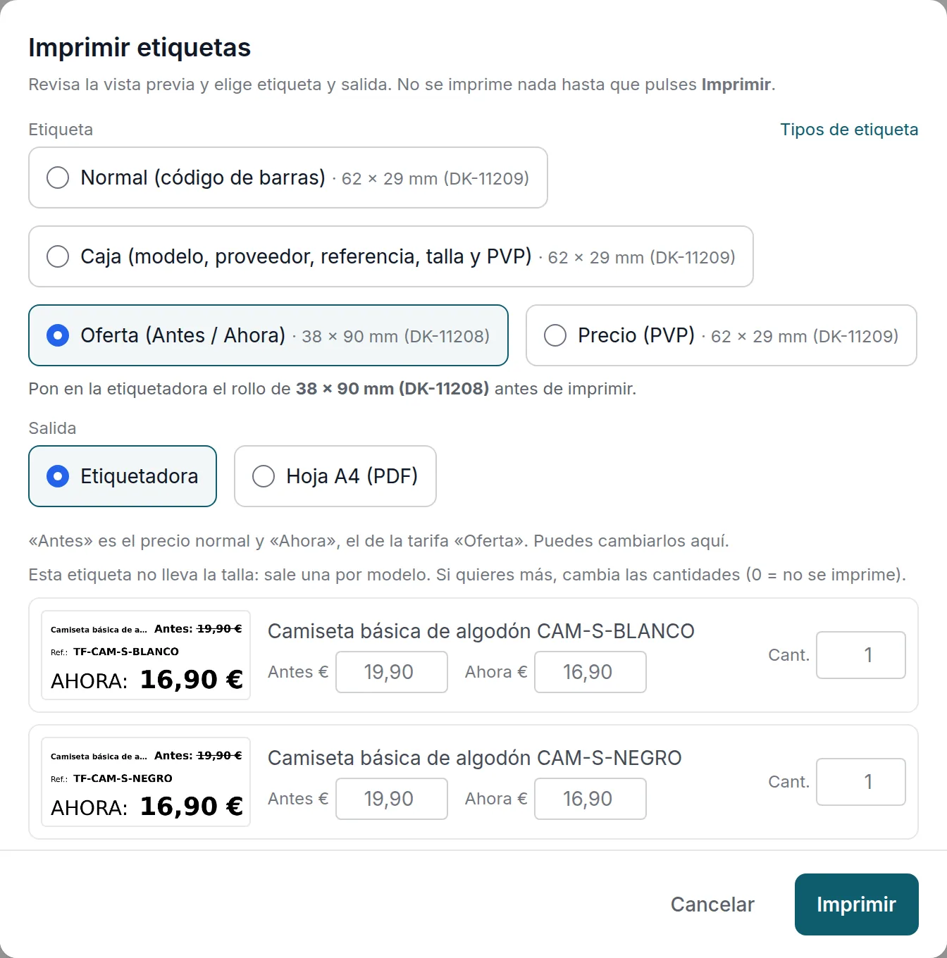 La etiqueta de rebajas «Antes / Ahora» de un modelo, que sale en el rollo de 38 × 90 mm, con su vista previa