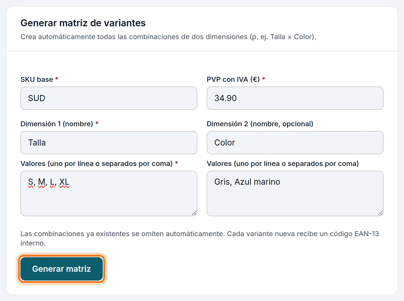 La matriz: SKU base, precio, tallas y colores