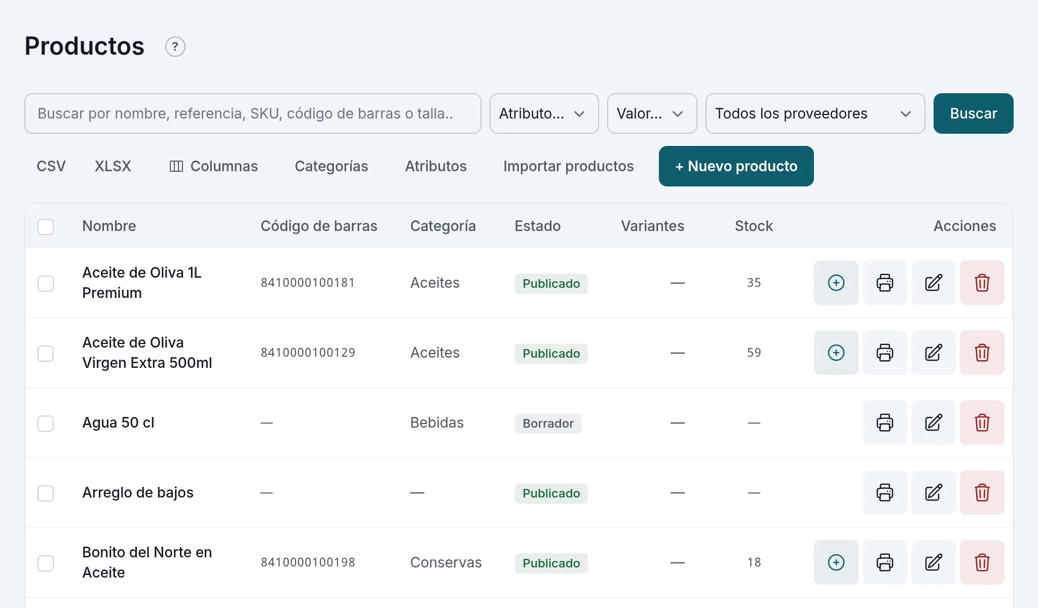 La lista de productos con sus acciones: añadir stock, etiquetas, editar y eliminar