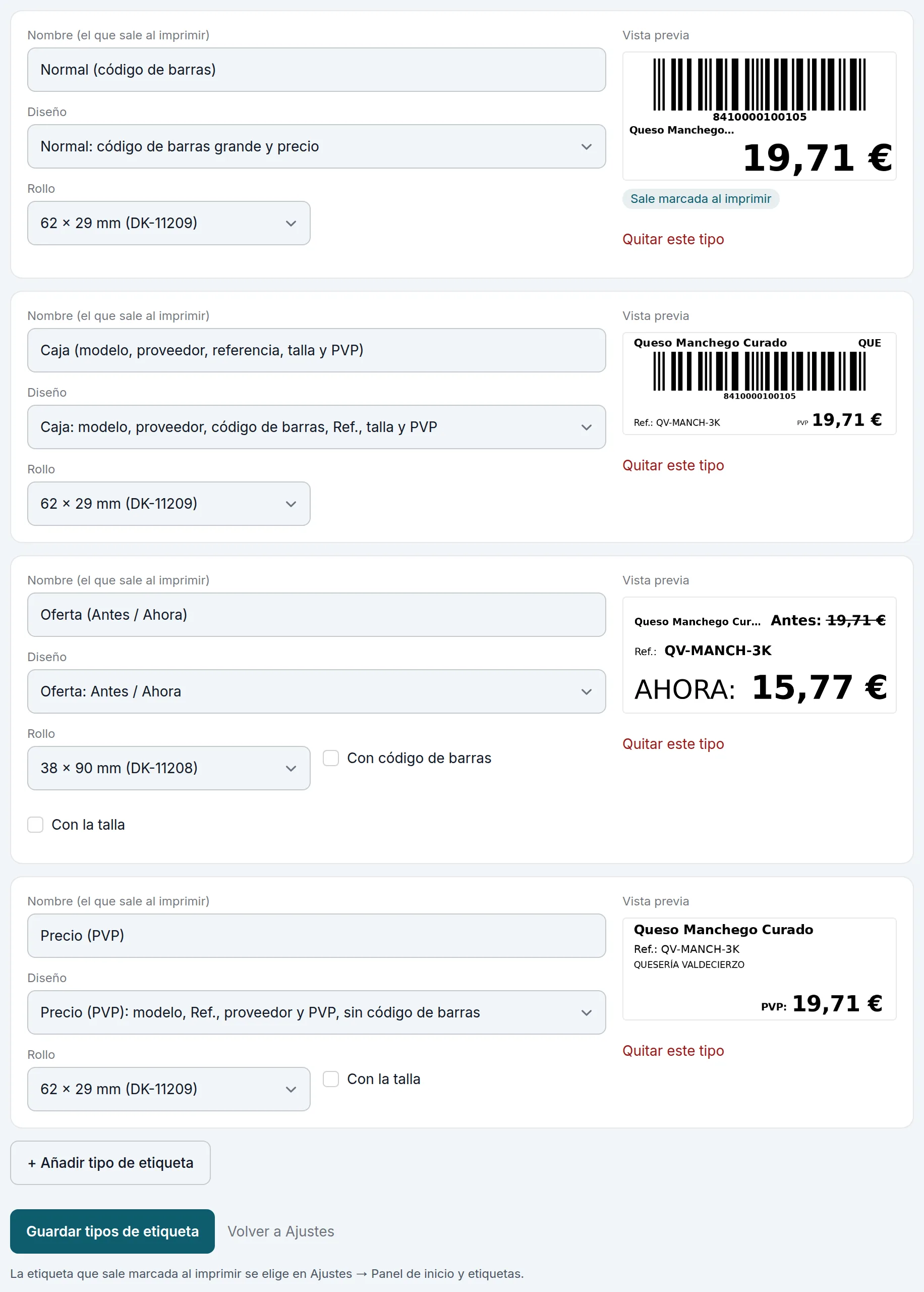 Tipos de etiqueta: la de caja y la de precio en el rollo de 62 × 29 mm y la de rebajas en el de 38 × 90 mm, sin código de barras
