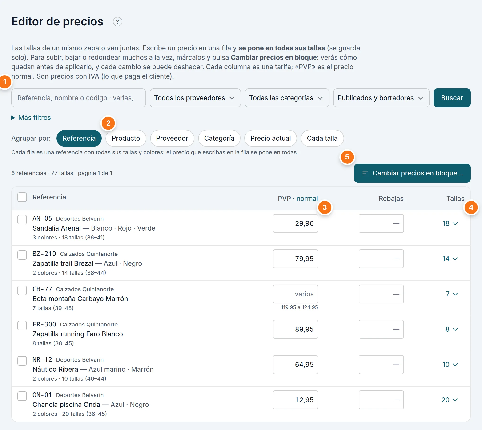 El editor de precios: cada referencia en una fila, con sus colores y tallas