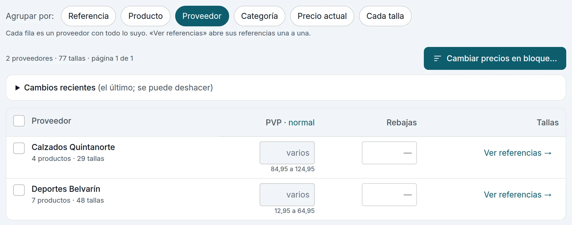 Agrupar por proveedor: cada uno en una fila con todo lo suyo