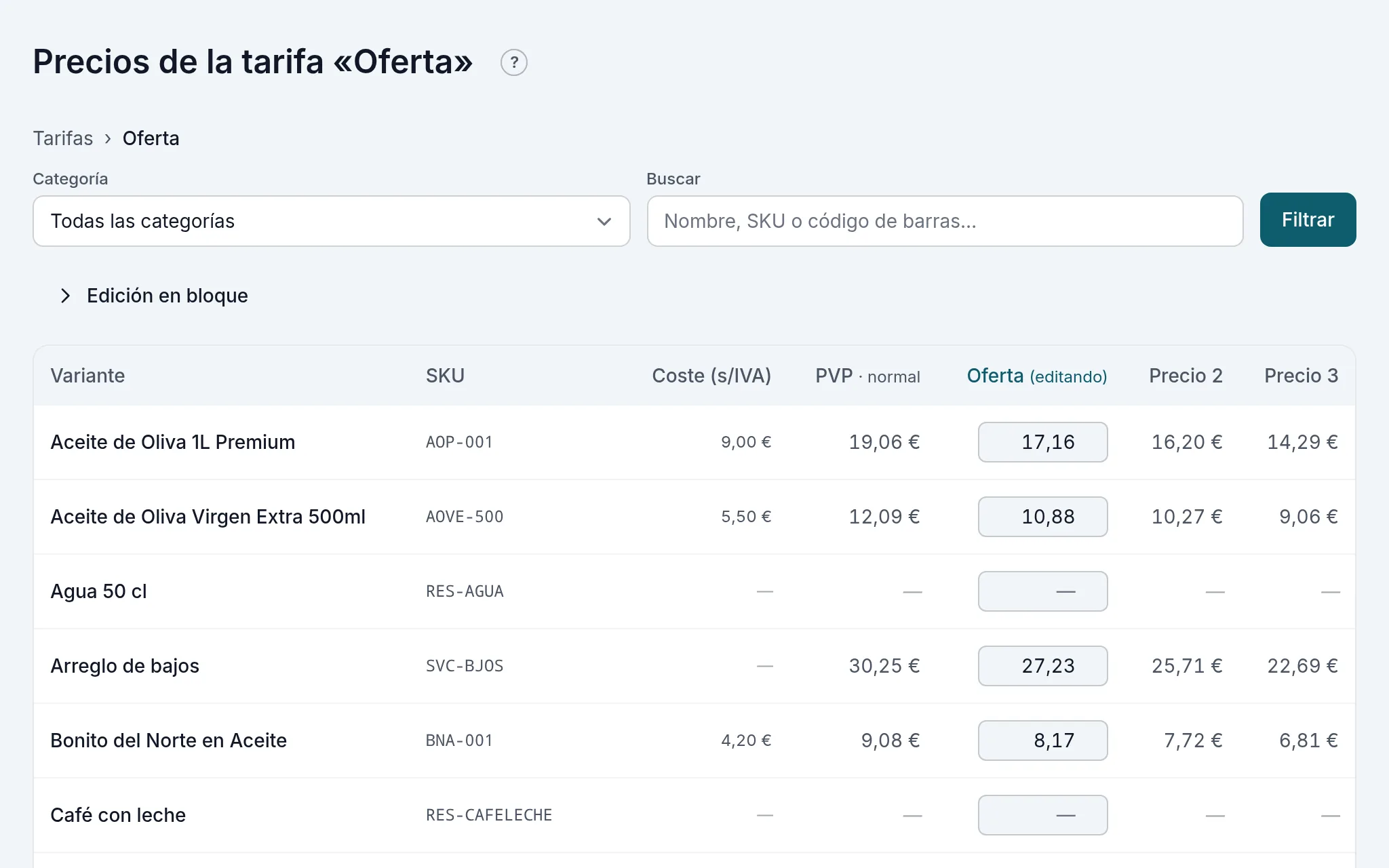 Los precios de la tarifa «Oferta», con el coste y la PVP al lado
