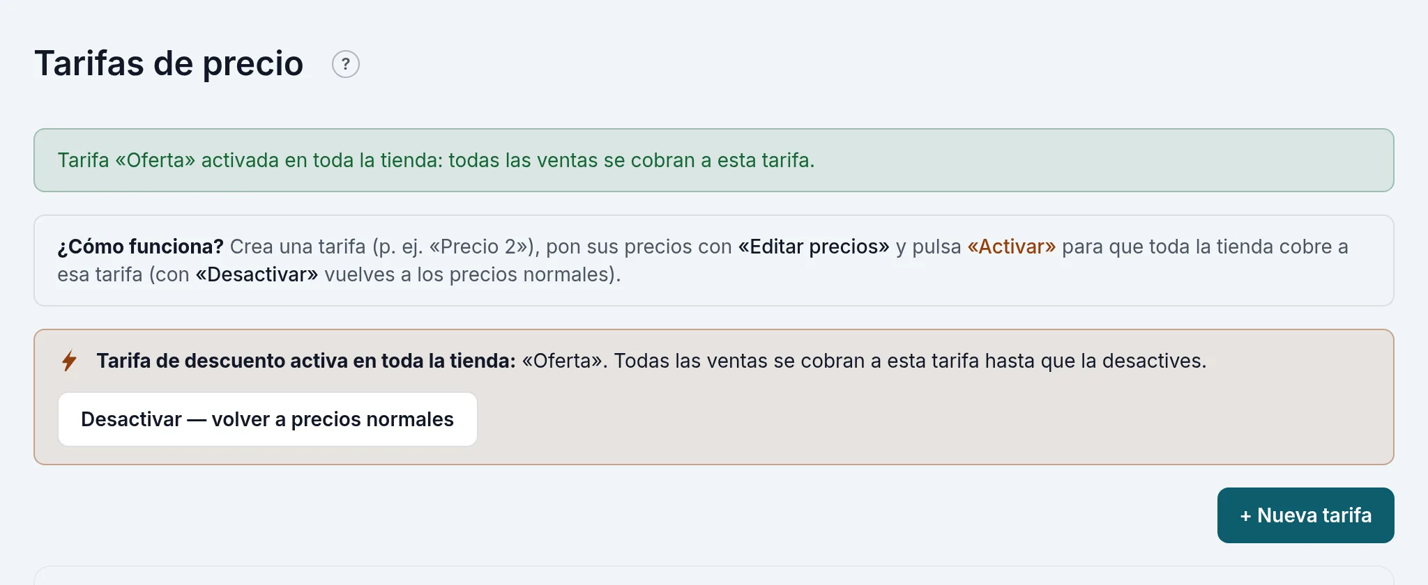 La tarifa «Oferta» activa en toda la tienda