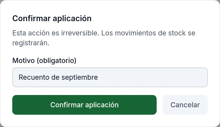 Confirmar la aplicación del recuento, con su motivo