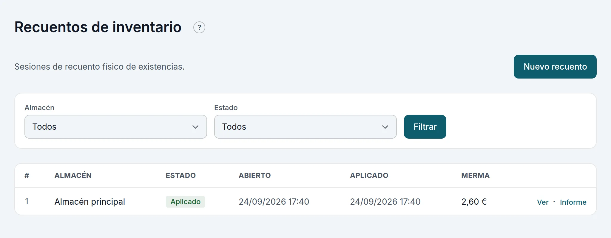 La lista de recuentos, con su estado y la merma de cada uno