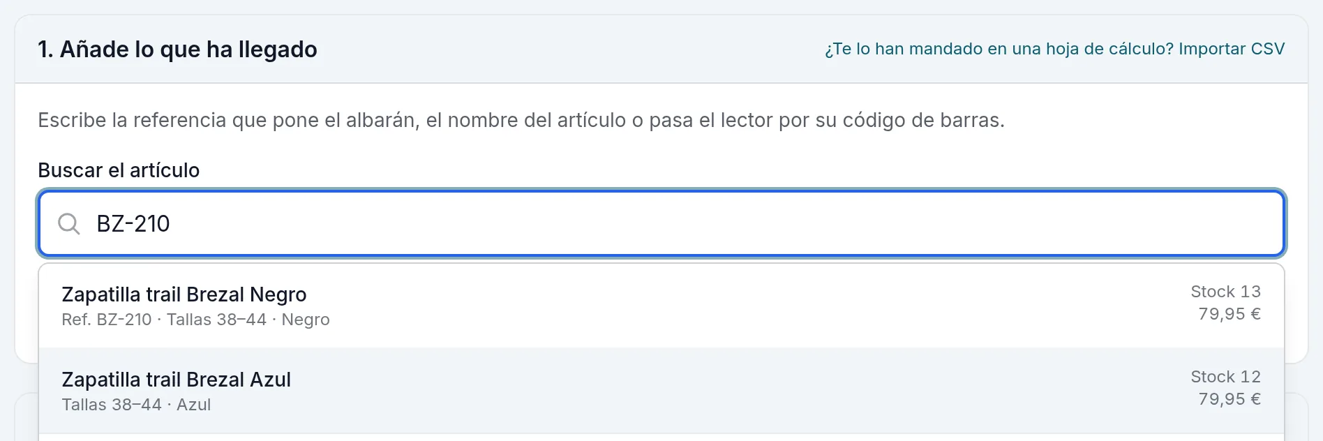 Buscar por la referencia del papel: un resultado por modelo, con sus tallas, su stock y su precio