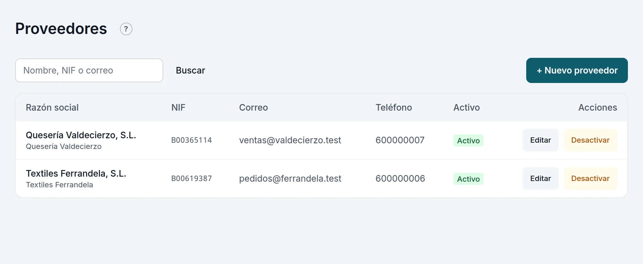 La lista de proveedores