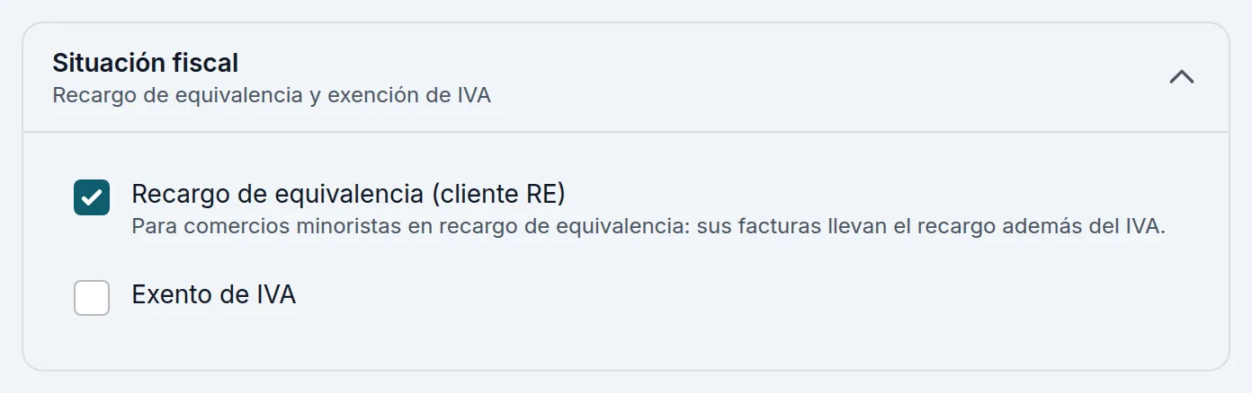 Un comercio en recargo de equivalencia: la casilla marcada en «Situación fiscal»
