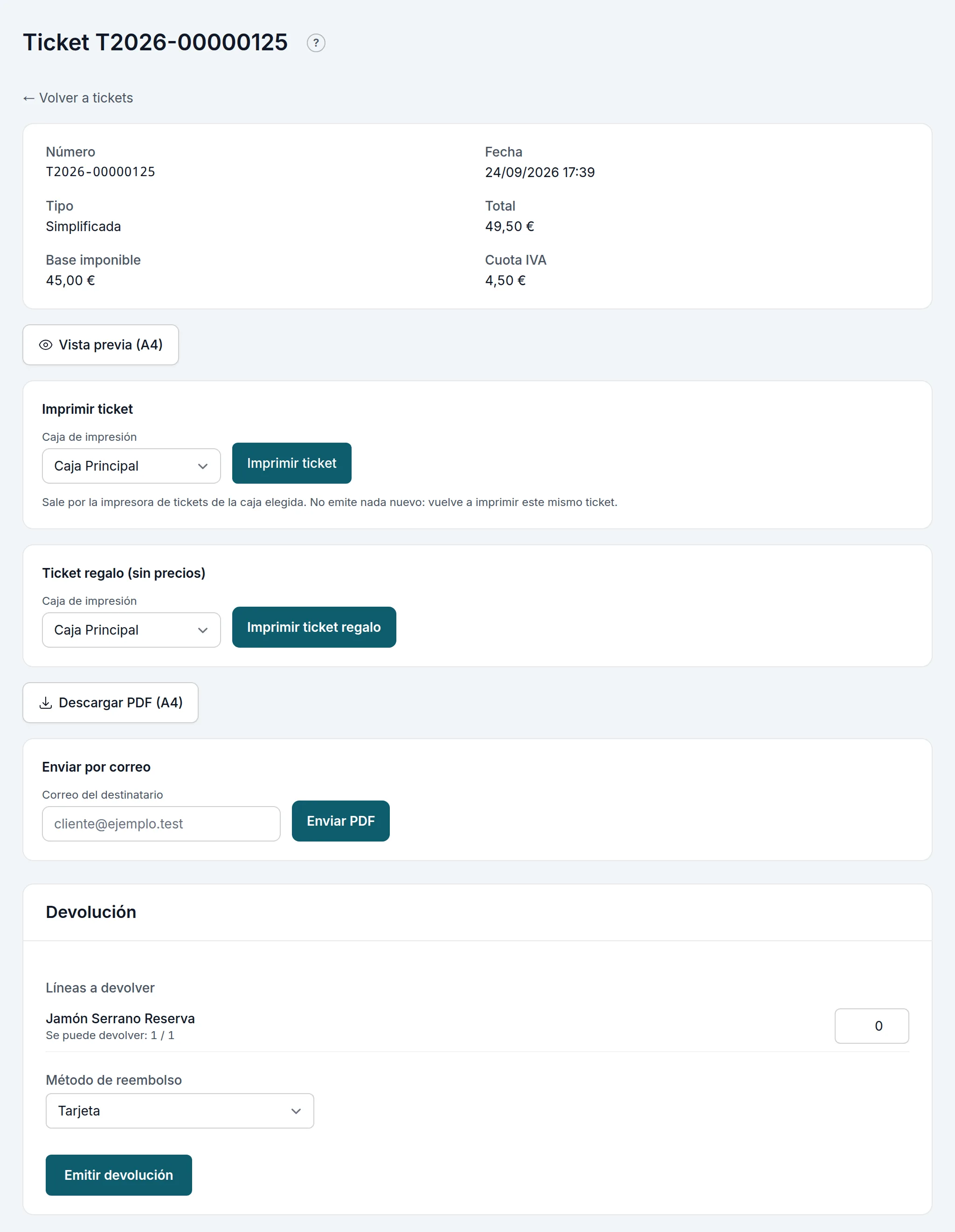 Cada cosa en su recuadro: reimprimir el mismo ticket, el ticket regalo, el PDF, el correo y la devolución