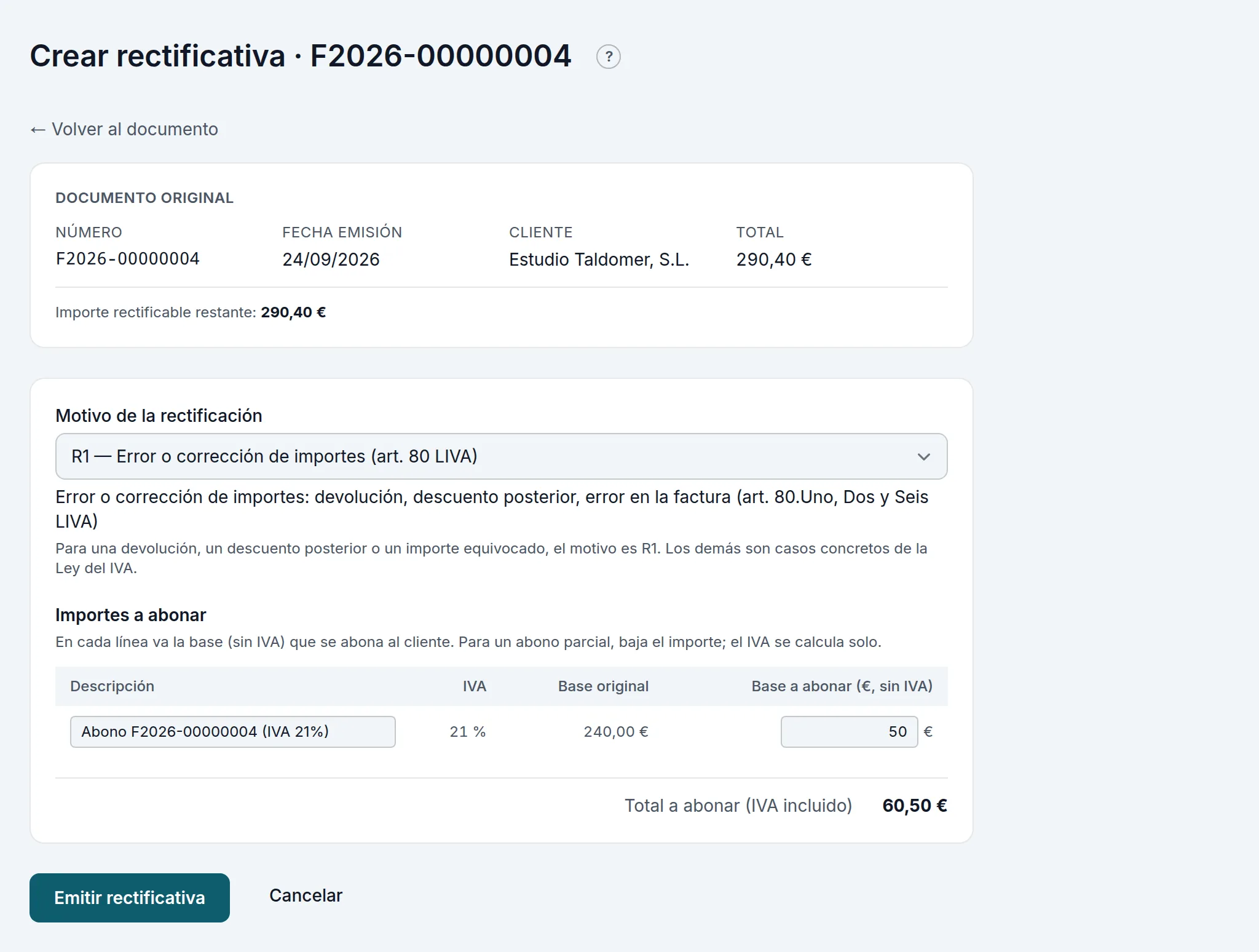 Una rectificativa R1 que abona 50 € de base (60,50 € con IVA) de la factura