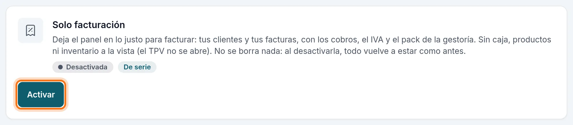 La tarjeta de Solo facturación en Aplicaciones, con su botón Activar