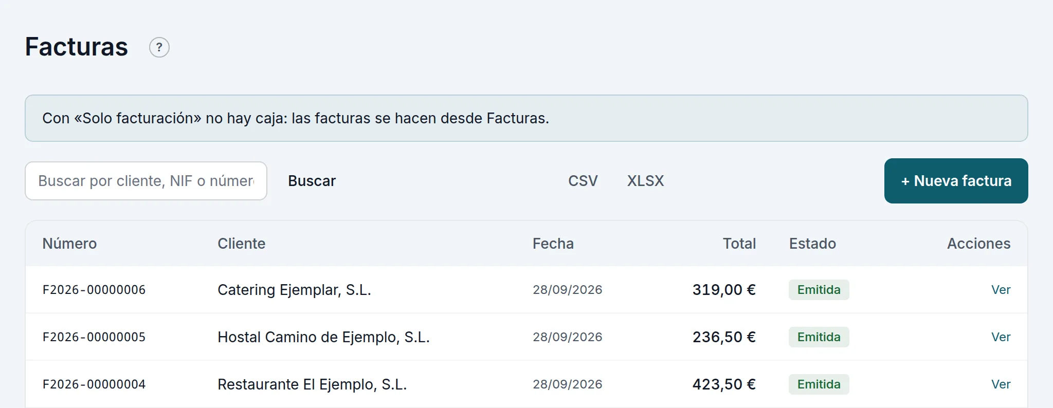 Quien abre la dirección de la caja llega a Facturas, con el aviso