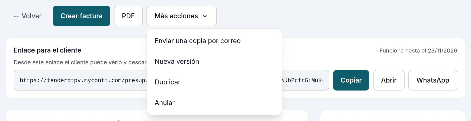En un presupuesto aceptado: una copia por correo, una versión nueva, duplicarlo o anularlo