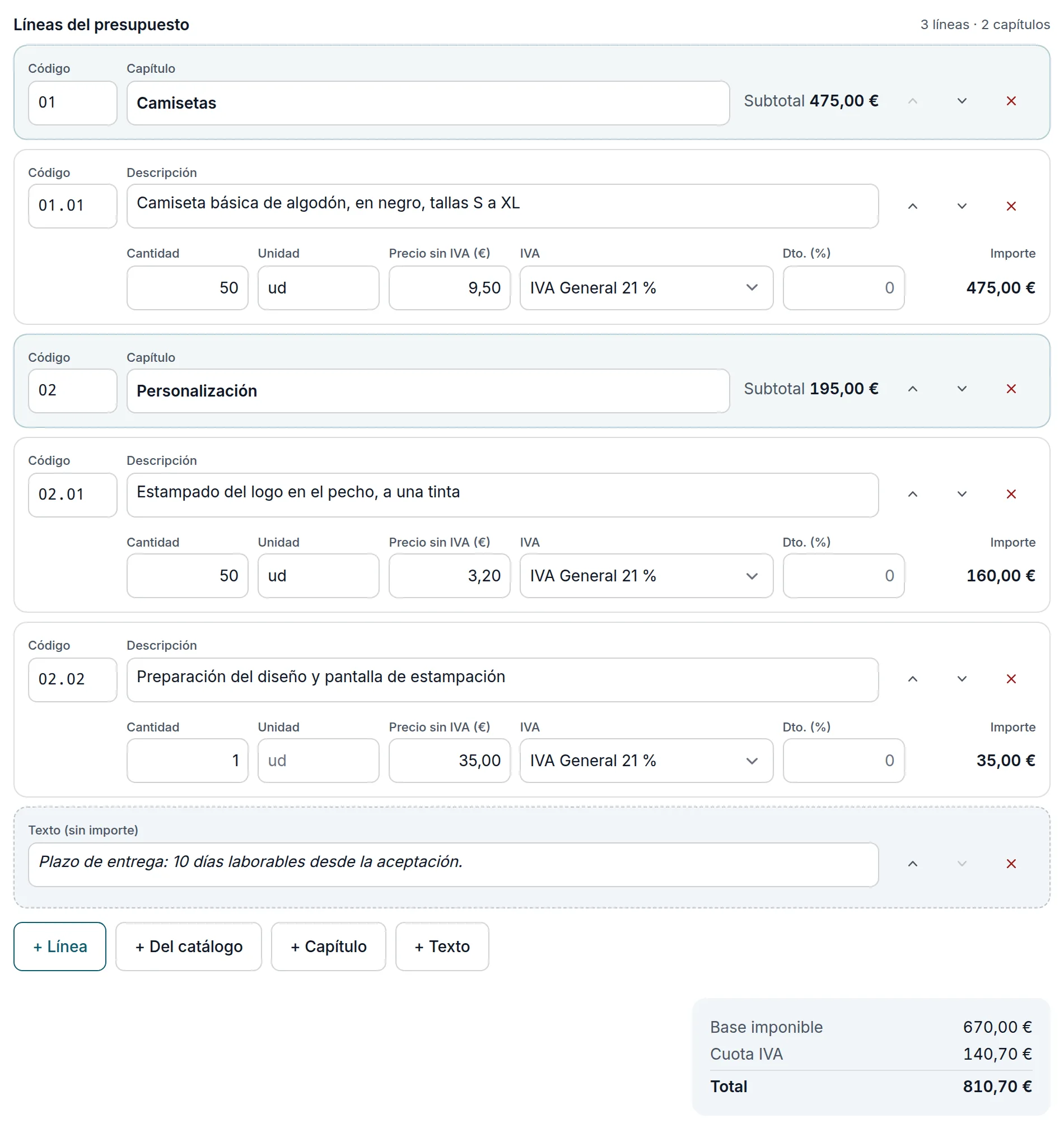 Dos capítulos con su subtotal, tres líneas con su código y su unidad, un texto sin importe y los totales