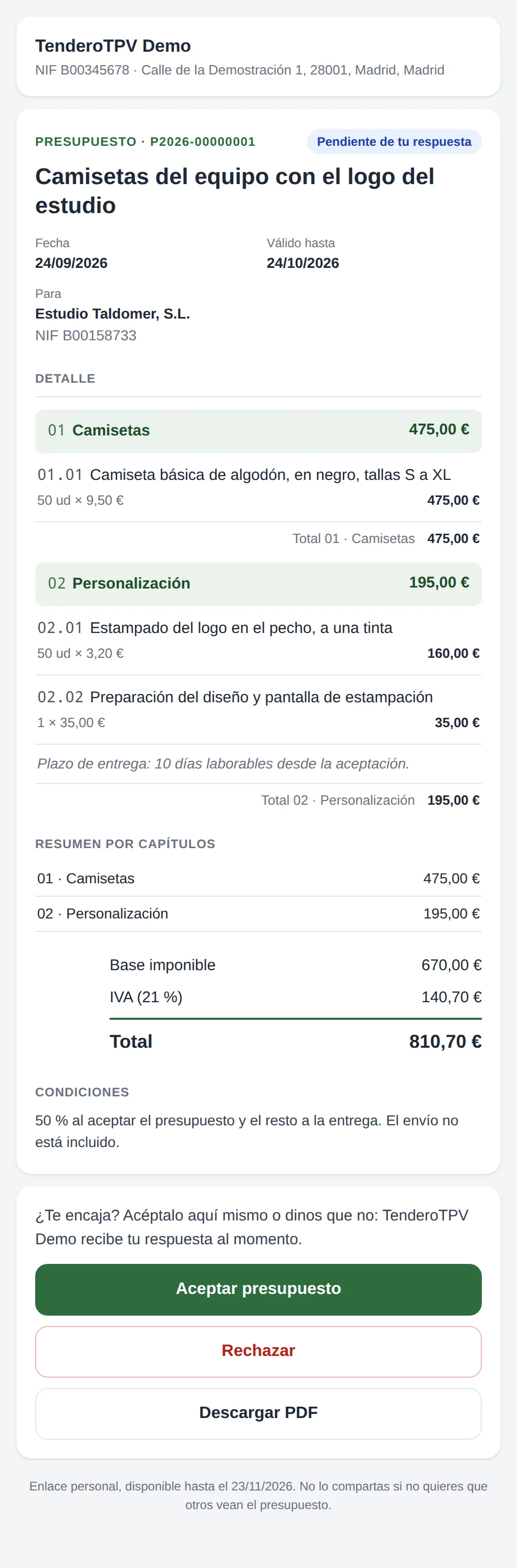 En el móvil del cliente: el presupuesto entero y, al final, aceptar, rechazar o descargar el PDF
