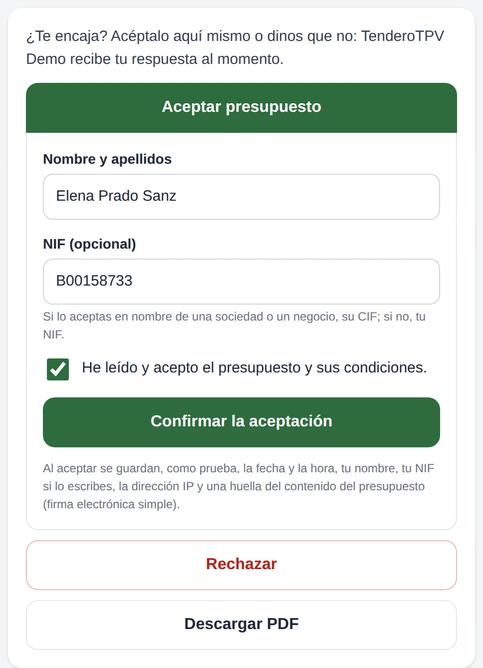 Para aceptar: su nombre, el NIF si quiere y la casilla de que lo ha leído