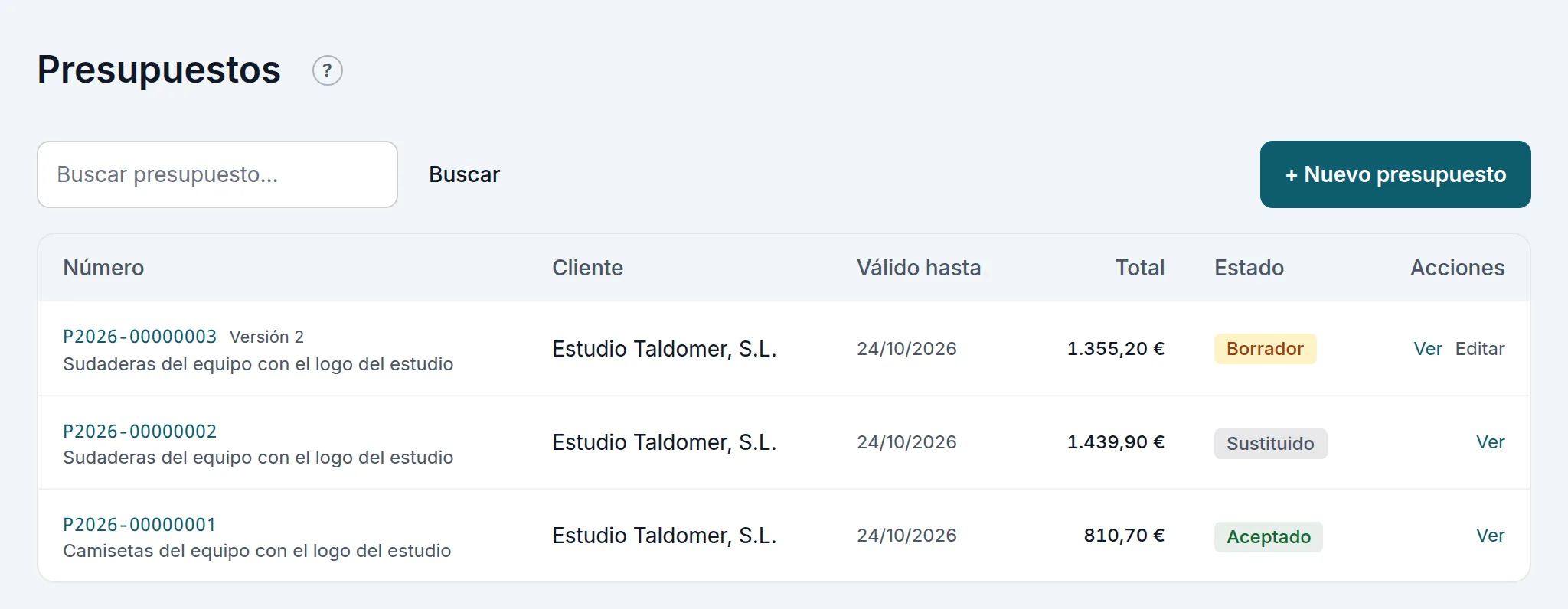 La versión 2 en borrador, la anterior sustituida y el primero aceptado, cada uno con su total