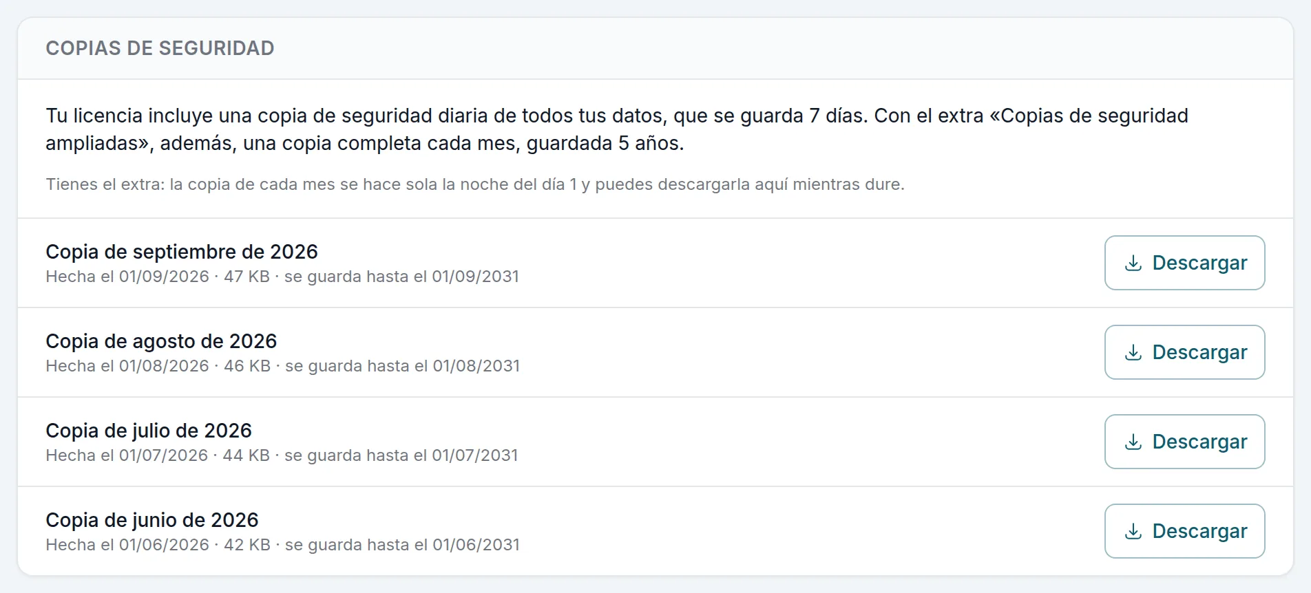 Las copias de seguridad con el extra: una copia de cada mes, con su botón para descargarla